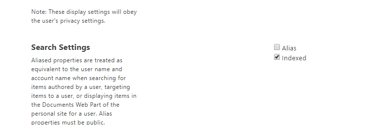SharePoint User Profile Service property indexed true