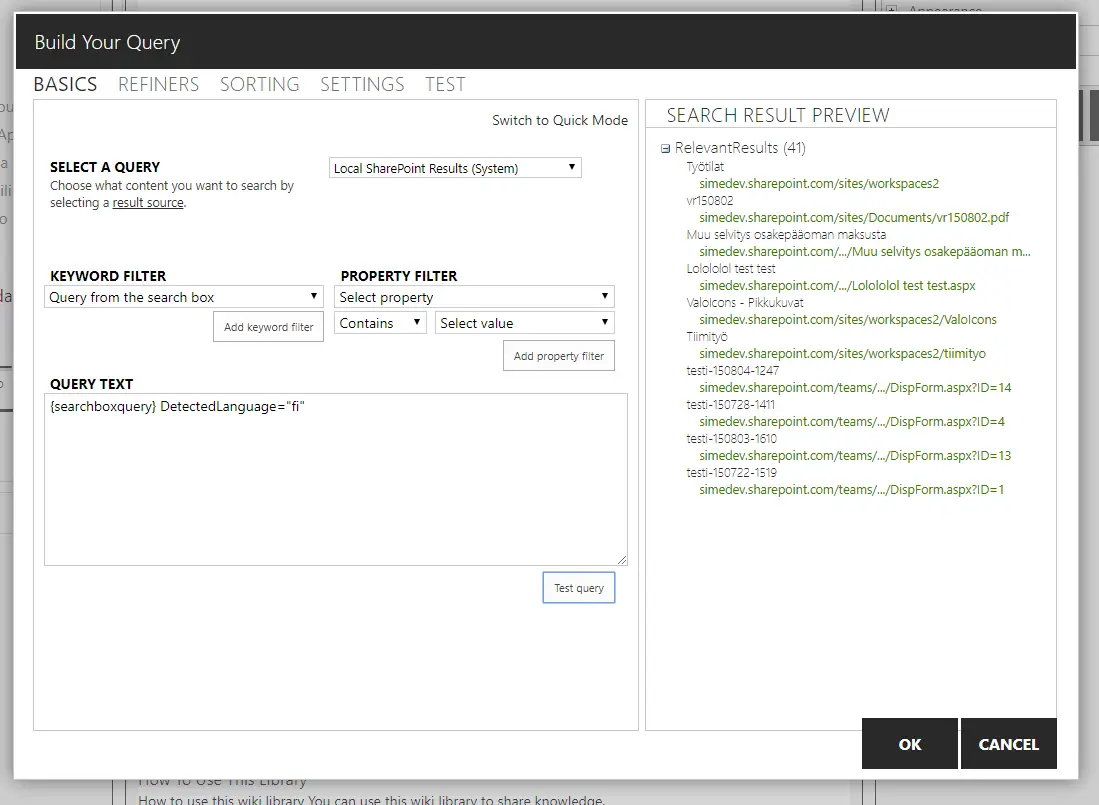 Using DetectedLanguage in SharePoint Query Builder