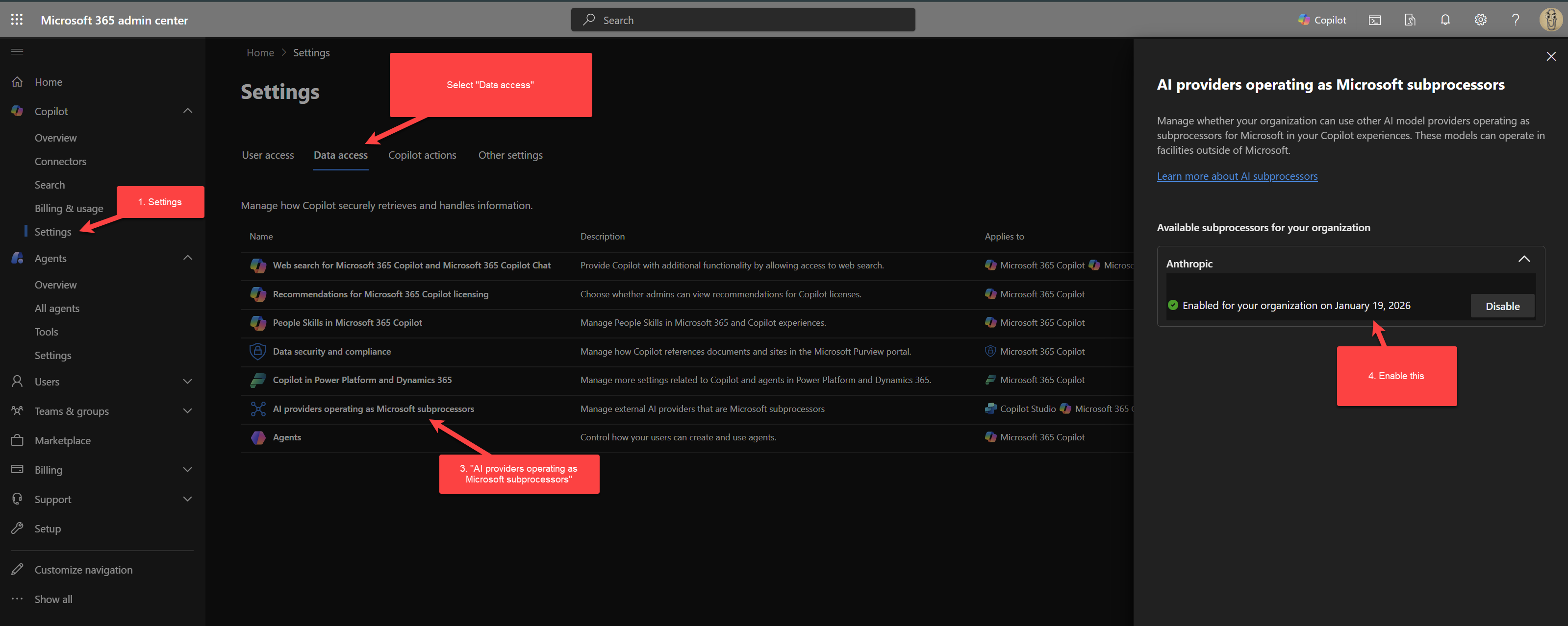 Anthropic listed as an AI subprocessor option in M365 Copilot settings