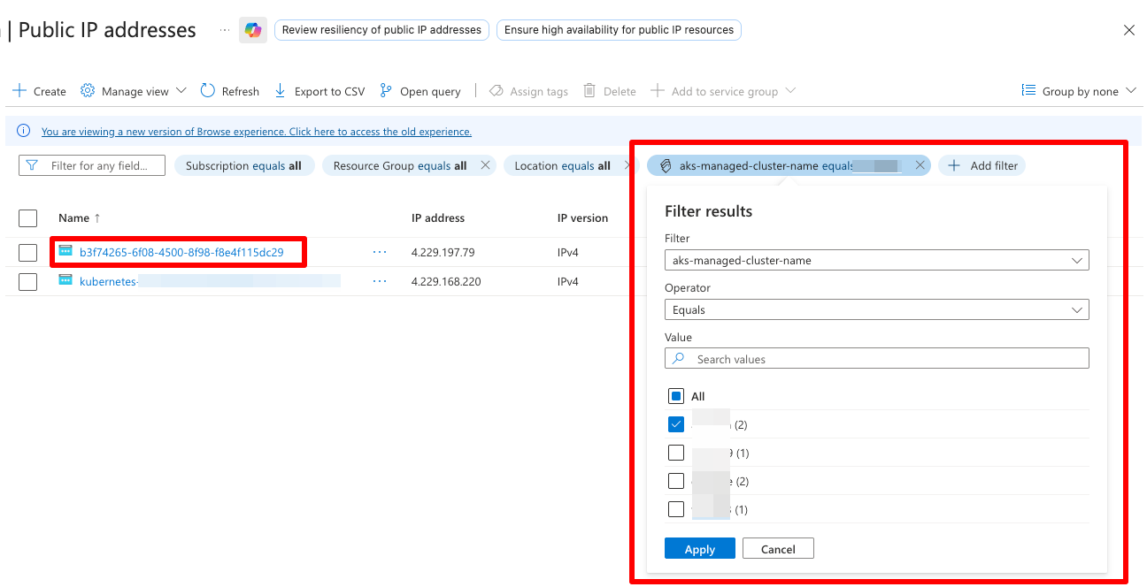 List Public IP Addresses by AKS Cluster on Azure Portal