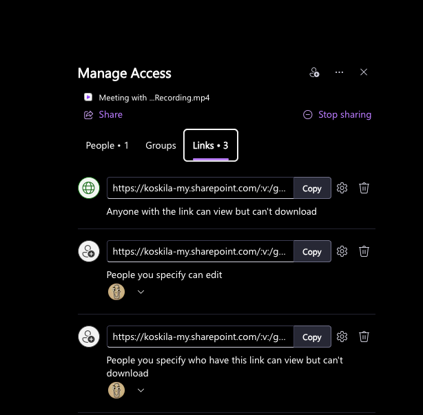 Clipchamp's Manage access dialog showing existing permissions and links