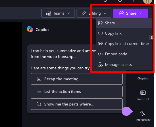 Clipchamp's sharing dropdown with actual working sharing options