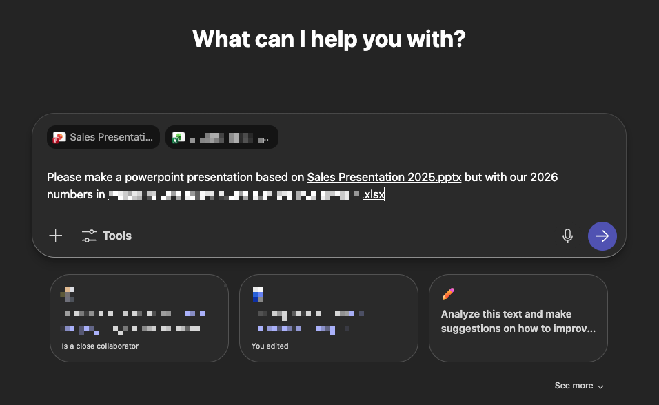 Chat prompt showing request to change numbers in a presentation