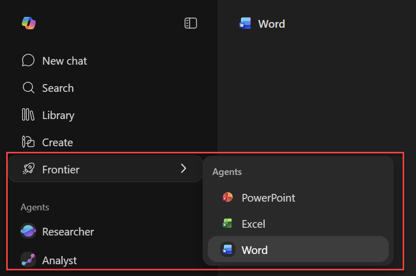 Frontier Office Agents in Copilot Chat menu
