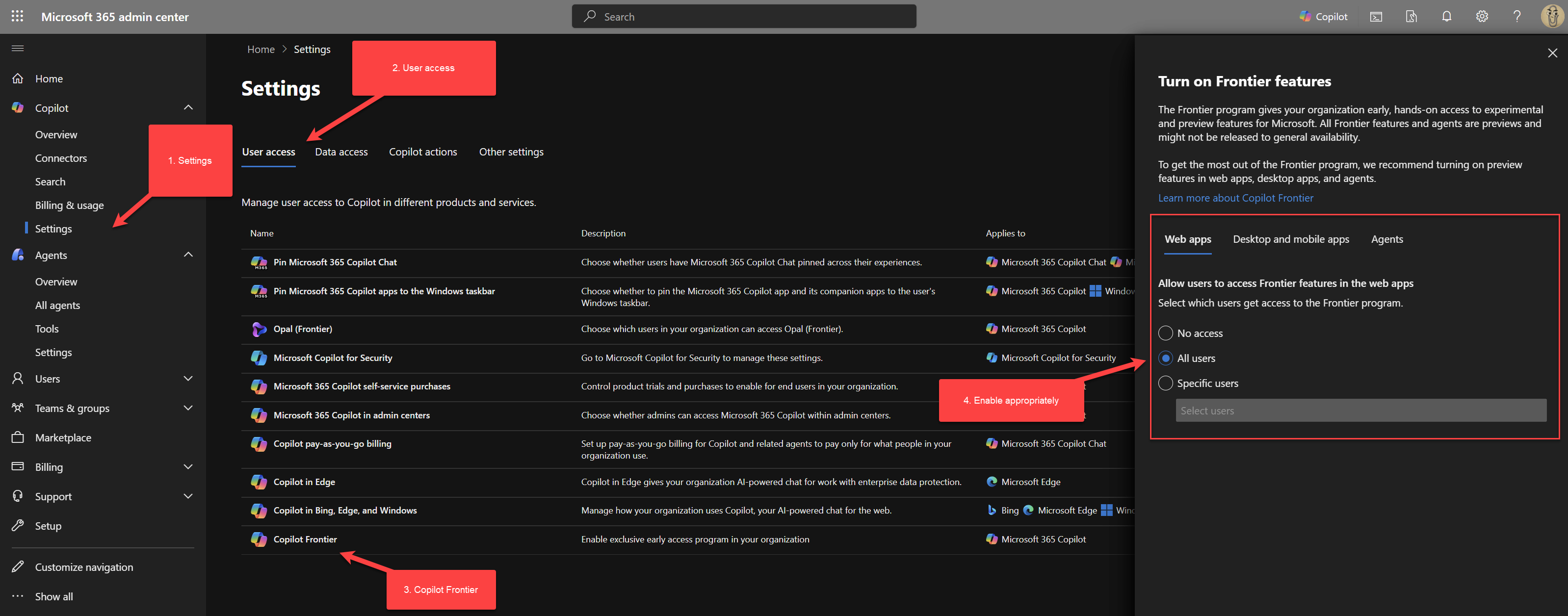 Copilot Frontier user access settings screenshot