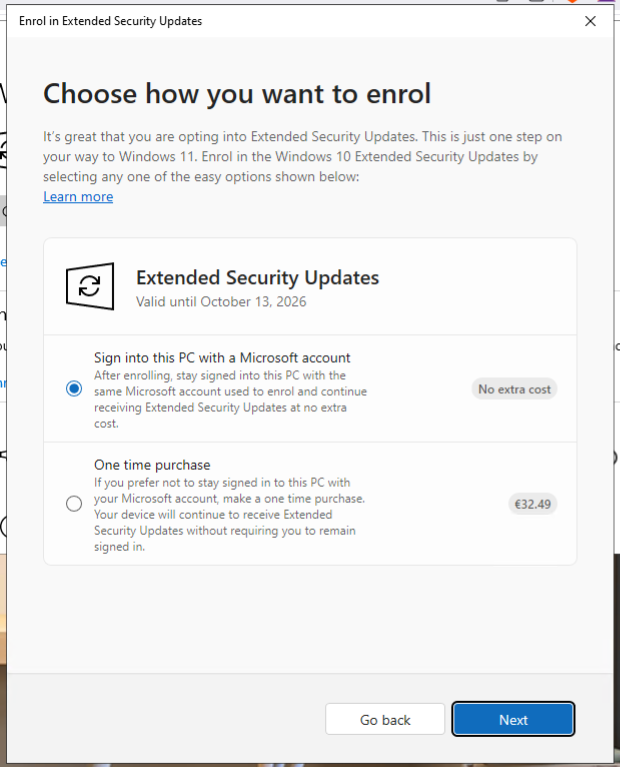 If you sign in using a Microsoft account (or selected "3" to avoid this step), you will get ESU for free.