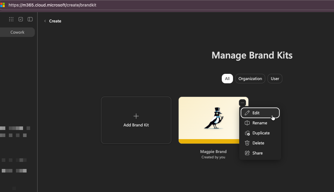 M365 Copilot Brand Kits management page
