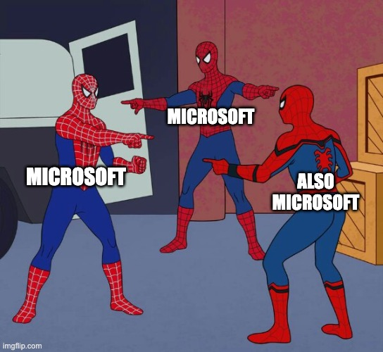 Spider-Man pointing meme with Microsoft blaming Microsoft for platform failures