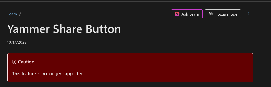 "Yammer Share" button's documentation was updated (removed)