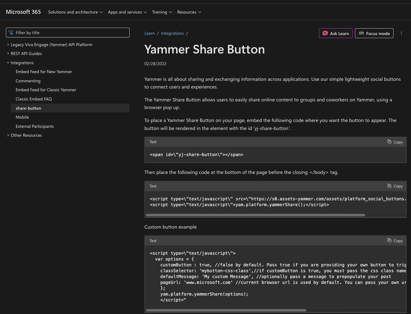 "Yammer Share" button's documentation