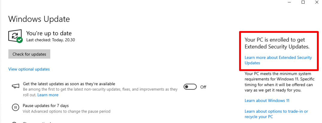 Your PC is enrolled to get Extended Security Updates