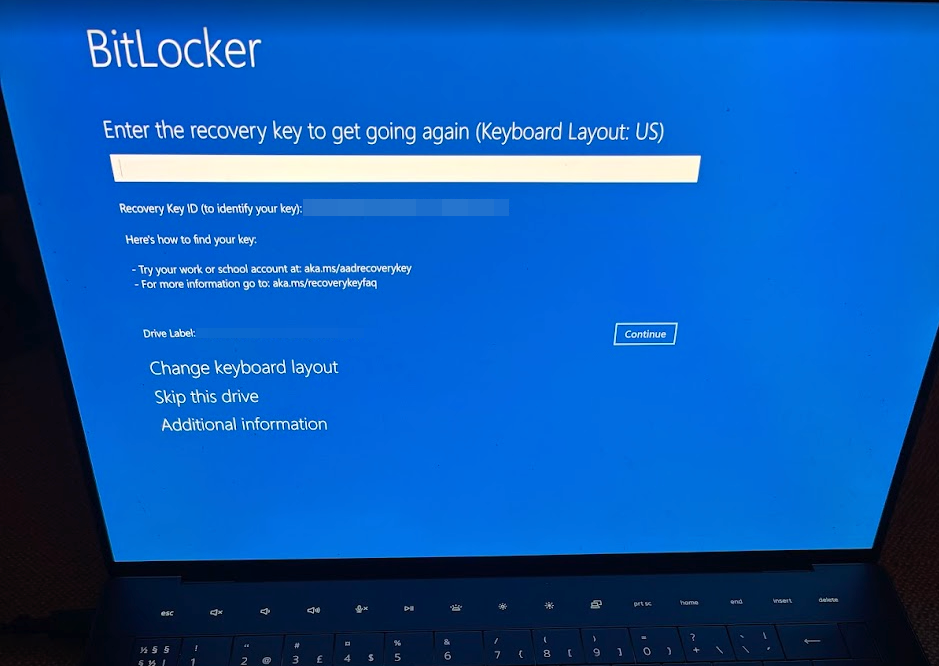 BitLocker recovery screen on Dell XPS