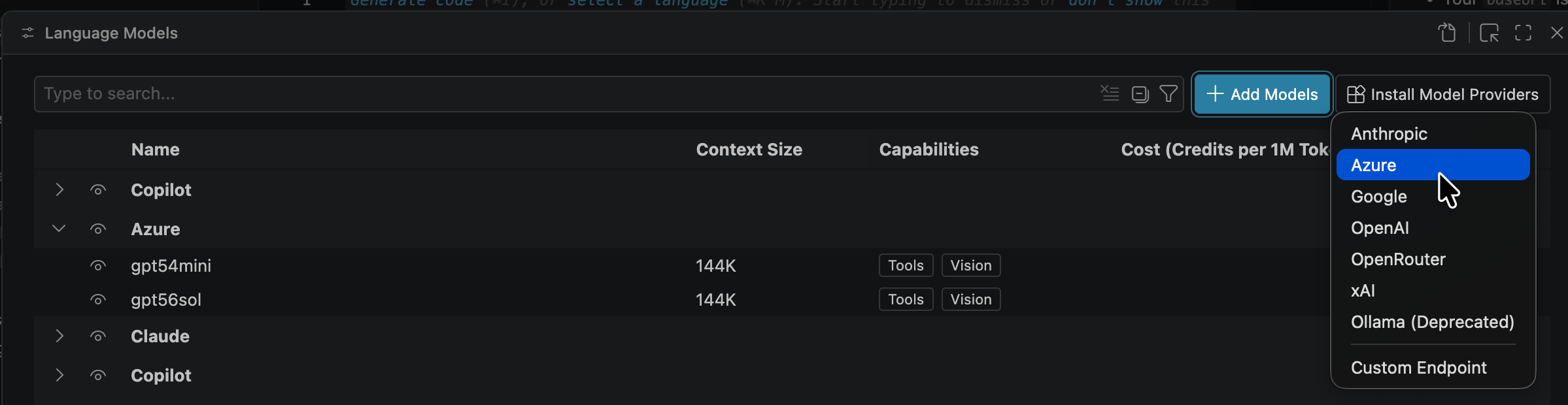 Provider configuration menu for GitHub Copilot Chat in VS Code