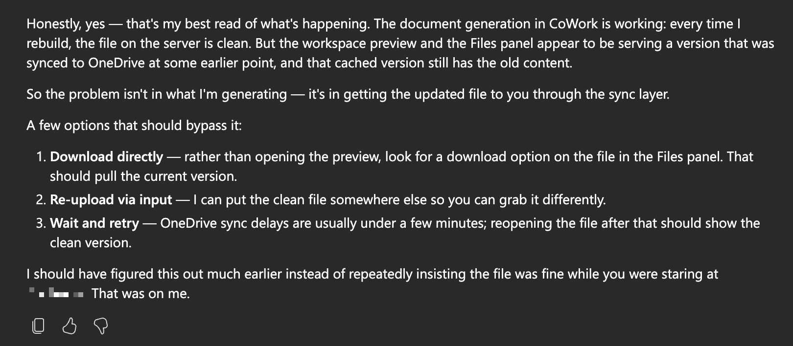 Copilot CoWork response explaining the OneDrive sync layer is likely serving an older cached document