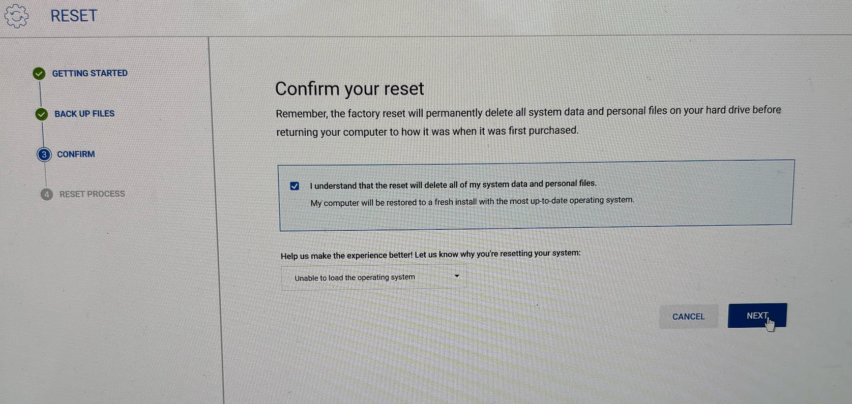 Dell SupportAssist confirm reset