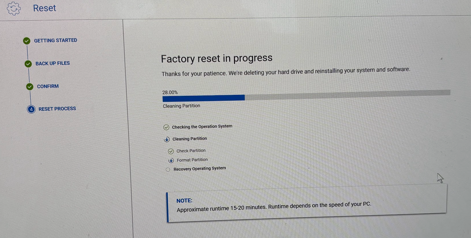 Dell SupportAssist factory reset progress