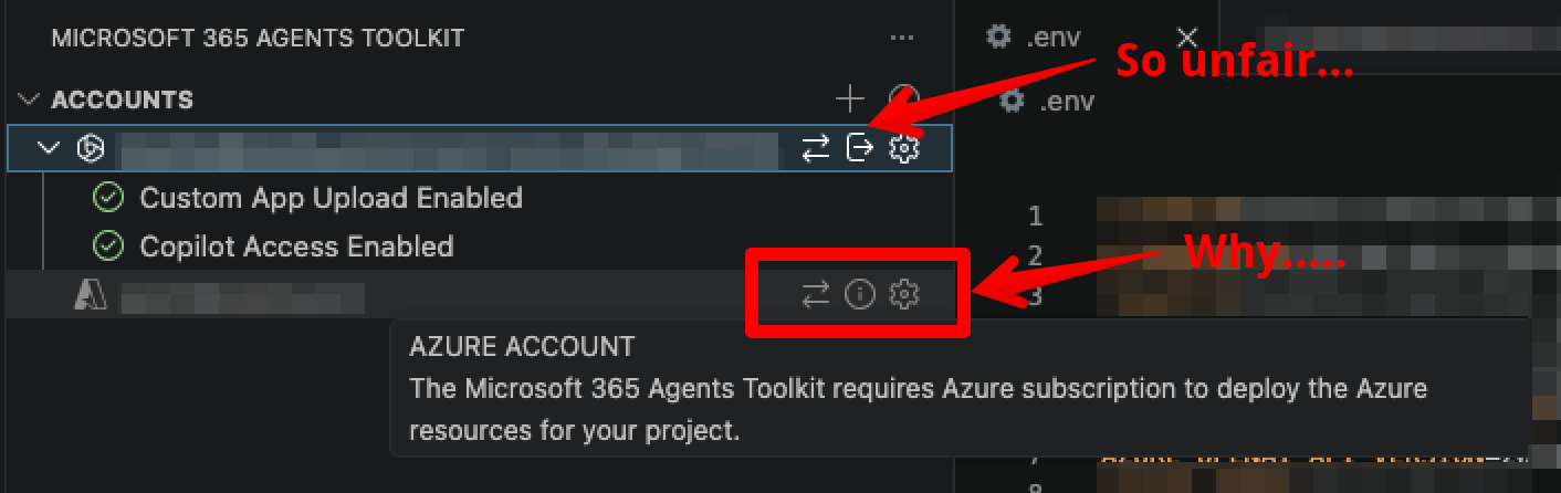 M365 Agents Toolkit account panel showing no Azure sign-out option