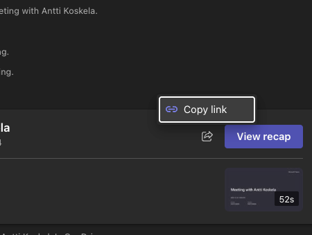 The Share dropdown with Copy link option that doesn't actually share the recording
