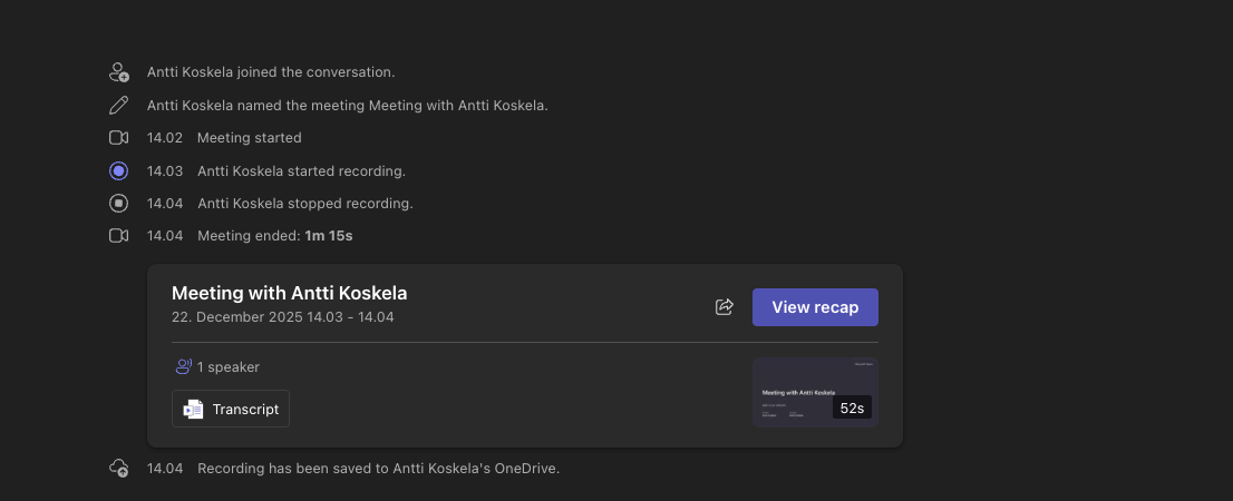 Meeting recording shown in Microsoft Teams chat