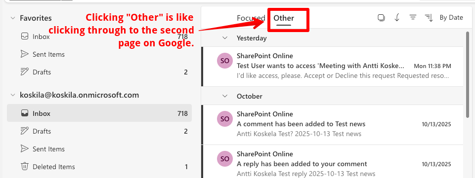 Outlook's Other tab where SharePoint access requests get buried