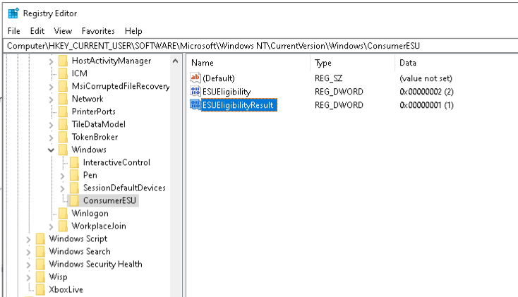 Regedit showing Windows ConsumerESU setting key and values