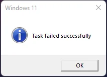 Screenshot showing 'Task failed successfully' status message