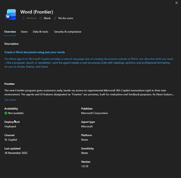 Admin center 'Not available' status for a Frontier agent